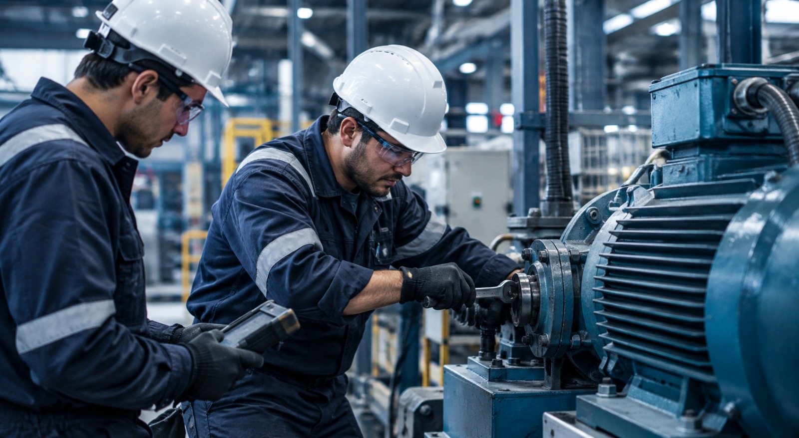 Dos técnicos con cascos y protección ocular realizando mantenimiento en un motor industrial